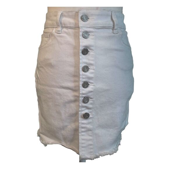Indigo Rein Button Front Jean Skirt White Denim High Rise Mini Distressed 1 - Picture 1 of 7